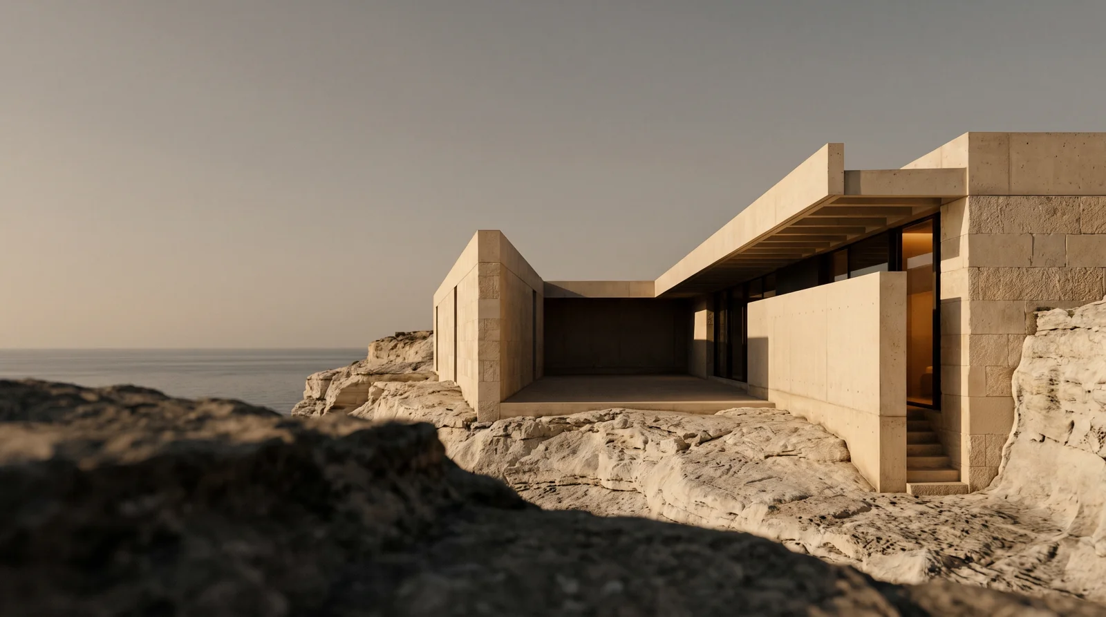 Sculptural stone retreat overlooking a quiet rocky coastline