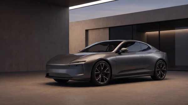 Graphite coupe against concrete architecture