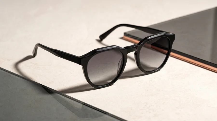 Close-up of the acetate frame and smoked lens